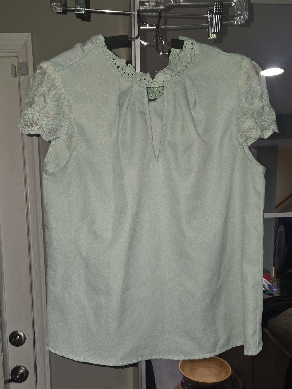 SHEIN Mint Green Lace-Trim Short Sleeve Blouse
